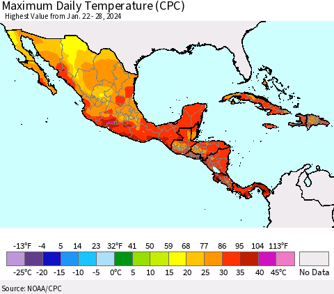 Mexico Central America and the Caribbean Maximum Daily Temperature (CPC) Thematic Map For 1/22/2024 - 1/28/2024