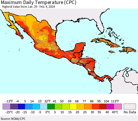 Mexico Central America and the Caribbean Maximum Daily Temperature (CPC) Thematic Map For 1/29/2024 - 2/4/2024