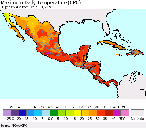 Mexico Central America and the Caribbean Maximum Daily Temperature (CPC) Thematic Map For 2/5/2024 - 2/11/2024