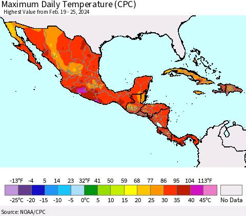 Mexico Central America and the Caribbean Maximum Daily Temperature (CPC) Thematic Map For 2/19/2024 - 2/25/2024