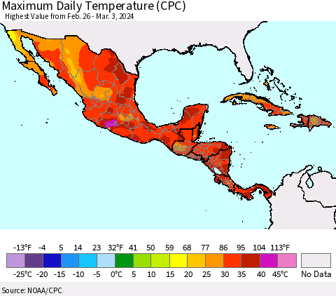 Mexico Central America and the Caribbean Maximum Daily Temperature (CPC) Thematic Map For 2/26/2024 - 3/3/2024
