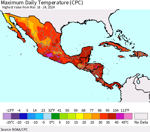 Mexico Central America and the Caribbean Maximum Daily Temperature (CPC) Thematic Map For 3/18/2024 - 3/24/2024