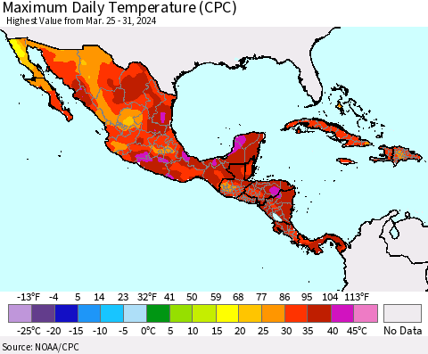 Mexico Central America and the Caribbean Maximum Daily Temperature (CPC) Thematic Map For 3/25/2024 - 3/31/2024