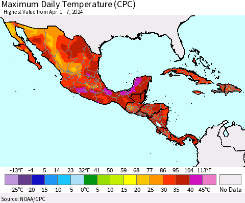 Mexico Central America and the Caribbean Maximum Daily Temperature (CPC) Thematic Map For 4/1/2024 - 4/7/2024