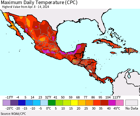 Mexico Central America and the Caribbean Maximum Daily Temperature (CPC) Thematic Map For 4/8/2024 - 4/14/2024