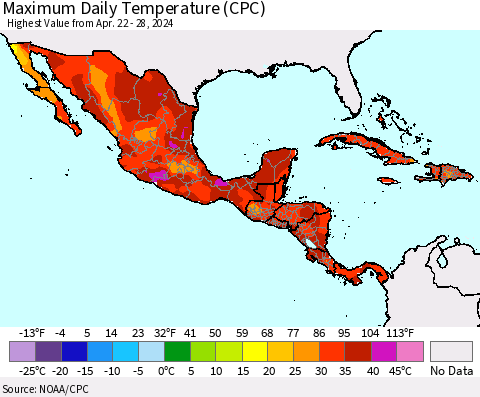 Mexico Central America and the Caribbean Maximum Daily Temperature (CPC) Thematic Map For 4/22/2024 - 4/28/2024