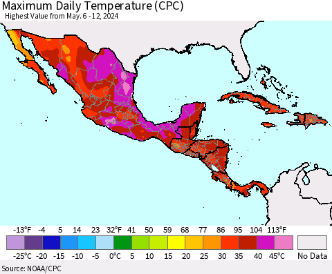 Mexico Central America and the Caribbean Maximum Daily Temperature (CPC) Thematic Map For 5/6/2024 - 5/12/2024