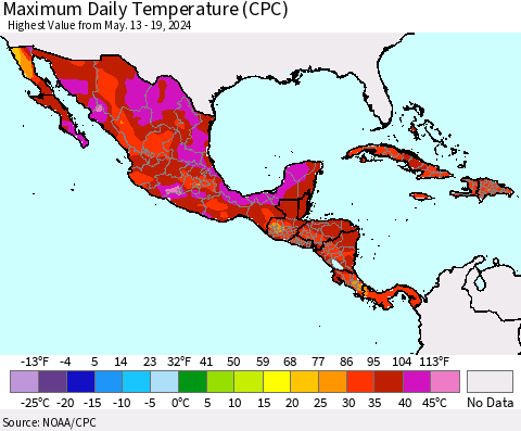 Mexico Central America and the Caribbean Maximum Daily Temperature (CPC) Thematic Map For 5/13/2024 - 5/19/2024