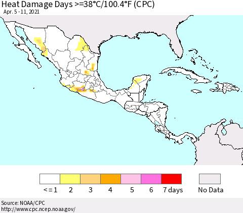 Mexico Central America and the Caribbean Heat Damage Days >=38°C/100°F (CPC) Thematic Map For 4/5/2021 - 4/11/2021