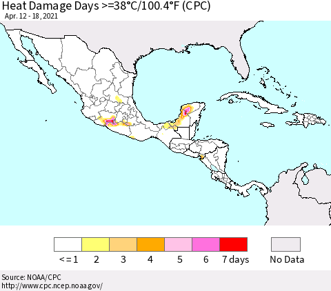 Mexico Central America and the Caribbean Heat Damage Days >=38°C/100°F (CPC) Thematic Map For 4/12/2021 - 4/18/2021