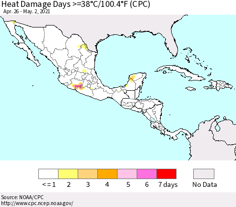 Mexico Central America and the Caribbean Heat Damage Days >=38°C/100°F (CPC) Thematic Map For 4/26/2021 - 5/2/2021