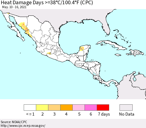 Mexico Central America and the Caribbean Heat Damage Days >=38°C/100°F (CPC) Thematic Map For 5/10/2021 - 5/16/2021