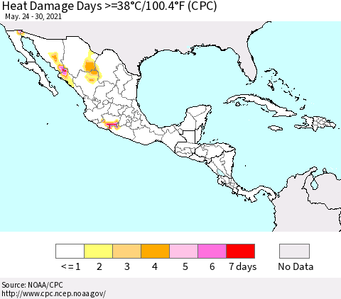 Mexico Central America and the Caribbean Heat Damage Days >=38°C/100°F (CPC) Thematic Map For 5/24/2021 - 5/30/2021