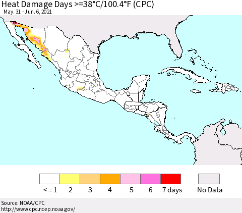 Mexico Central America and the Caribbean Heat Damage Days >=38°C/100°F (CPC) Thematic Map For 5/31/2021 - 6/6/2021