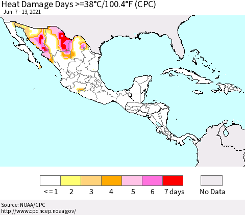 Mexico Central America and the Caribbean Heat Damage Days >=38°C/100°F (CPC) Thematic Map For 6/7/2021 - 6/13/2021