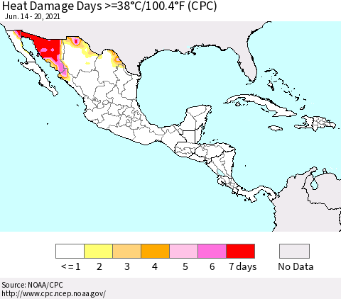 Mexico Central America and the Caribbean Heat Damage Days >=38°C/100°F (CPC) Thematic Map For 6/14/2021 - 6/20/2021