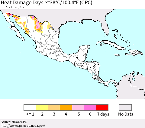 Mexico Central America and the Caribbean Heat Damage Days >=38°C/100°F (CPC) Thematic Map For 6/21/2021 - 6/27/2021