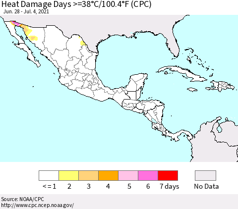 Mexico Central America and the Caribbean Heat Damage Days >=38°C/100°F (CPC) Thematic Map For 6/28/2021 - 7/4/2021