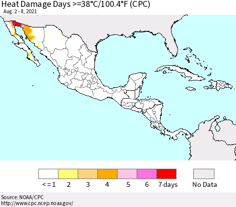 Mexico Central America and the Caribbean Heat Damage Days >=38°C/100°F (CPC) Thematic Map For 8/2/2021 - 8/8/2021