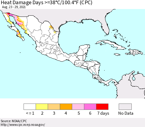 Mexico Central America and the Caribbean Heat Damage Days >=38°C/100°F (CPC) Thematic Map For 8/23/2021 - 8/29/2021