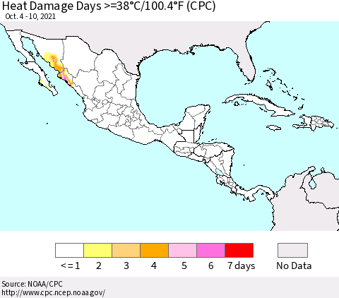 Mexico Central America and the Caribbean Heat Damage Days >=38°C/100°F (CPC) Thematic Map For 10/4/2021 - 10/10/2021