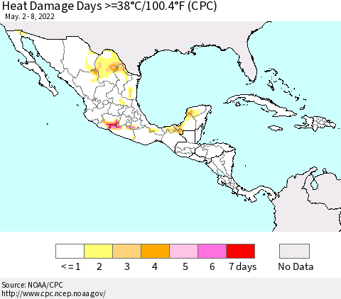 Mexico Central America and the Caribbean Heat Damage Days >=38°C/100°F (CPC) Thematic Map For 5/2/2022 - 5/8/2022