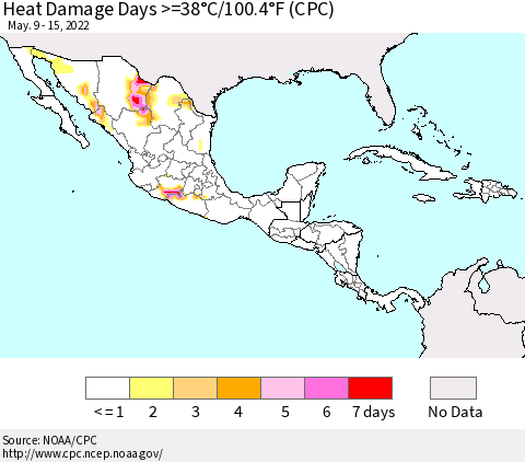 Mexico Central America and the Caribbean Heat Damage Days >=38°C/100°F (CPC) Thematic Map For 5/9/2022 - 5/15/2022