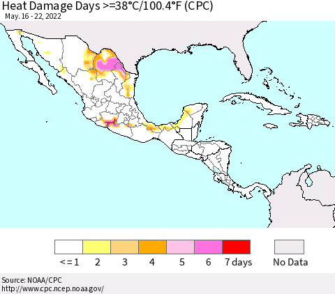 Mexico Central America and the Caribbean Heat Damage Days >=38°C/100°F (CPC) Thematic Map For 5/16/2022 - 5/22/2022