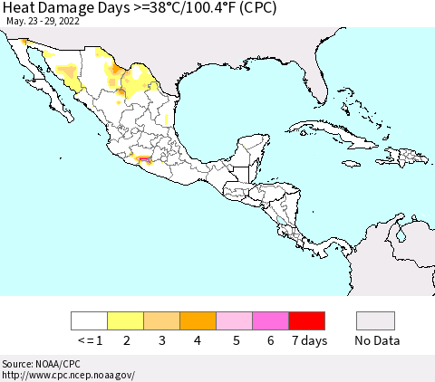 Mexico Central America and the Caribbean Heat Damage Days >=38°C/100°F (CPC) Thematic Map For 5/23/2022 - 5/29/2022