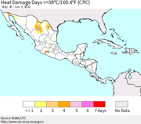Mexico Central America and the Caribbean Heat Damage Days >=38°C/100°F (CPC) Thematic Map For 5/30/2022 - 6/5/2022