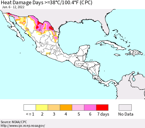 Mexico Central America and the Caribbean Heat Damage Days >=38°C/100°F (CPC) Thematic Map For 6/6/2022 - 6/12/2022