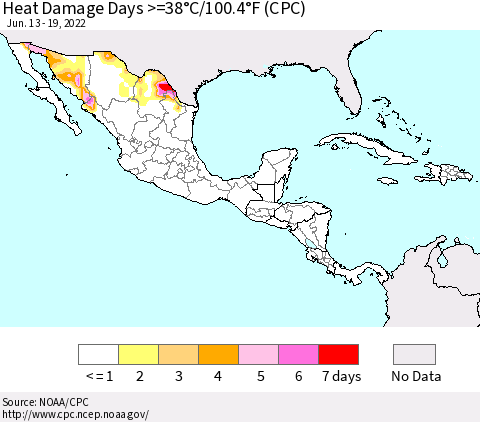 Mexico Central America and the Caribbean Heat Damage Days >=38°C/100°F (CPC) Thematic Map For 6/13/2022 - 6/19/2022