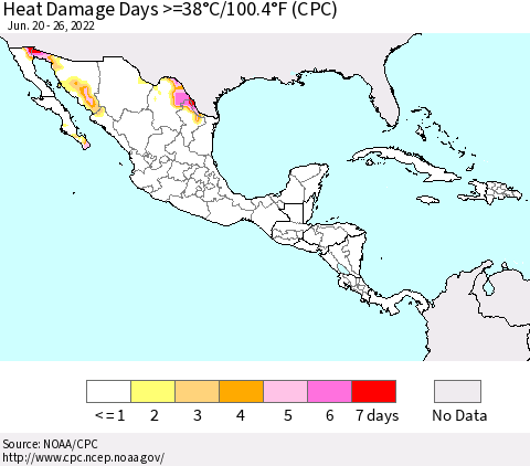 Mexico Central America and the Caribbean Heat Damage Days >=38°C/100°F (CPC) Thematic Map For 6/20/2022 - 6/26/2022