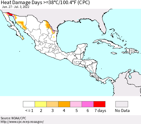 Mexico Central America and the Caribbean Heat Damage Days >=38°C/100°F (CPC) Thematic Map For 6/27/2022 - 7/3/2022