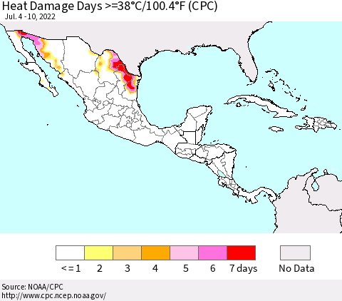 Mexico Central America and the Caribbean Heat Damage Days >=38°C/100°F (CPC) Thematic Map For 7/4/2022 - 7/10/2022