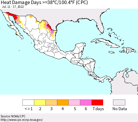 Mexico Central America and the Caribbean Heat Damage Days >=38°C/100°F (CPC) Thematic Map For 7/11/2022 - 7/17/2022