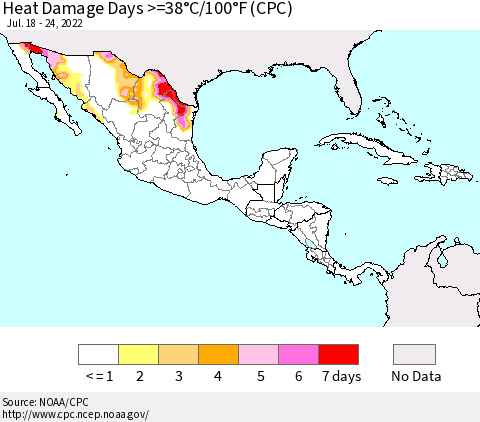 Mexico Central America and the Caribbean Heat Damage Days >=38°C/100°F (CPC) Thematic Map For 7/18/2022 - 7/24/2022