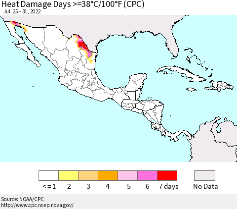 Mexico Central America and the Caribbean Heat Damage Days >=38°C/100°F (CPC) Thematic Map For 7/25/2022 - 7/31/2022