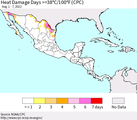 Mexico Central America and the Caribbean Heat Damage Days >=38°C/100°F (CPC) Thematic Map For 8/1/2022 - 8/7/2022