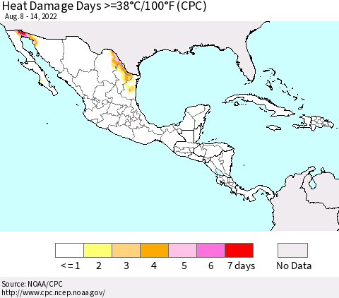 Mexico Central America and the Caribbean Heat Damage Days >=38°C/100°F (CPC) Thematic Map For 8/8/2022 - 8/14/2022