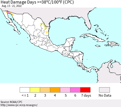 Mexico Central America and the Caribbean Heat Damage Days >=38°C/100°F (CPC) Thematic Map For 8/15/2022 - 8/21/2022
