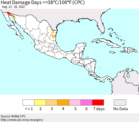 Mexico Central America and the Caribbean Heat Damage Days >=38°C/100°F (CPC) Thematic Map For 8/22/2022 - 8/28/2022