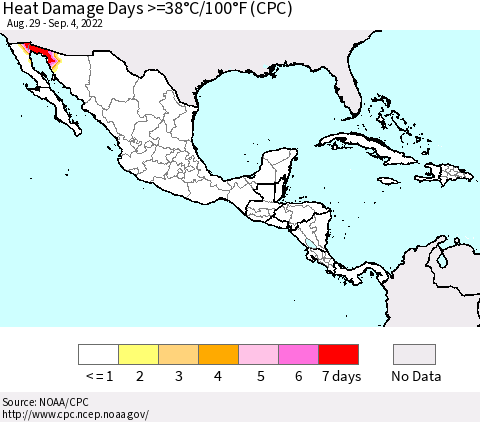 Mexico Central America and the Caribbean Heat Damage Days >=38°C/100°F (CPC) Thematic Map For 8/29/2022 - 9/4/2022