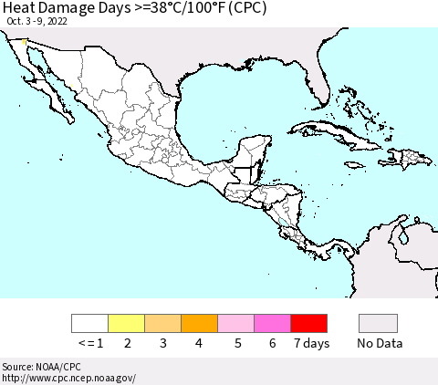 Mexico Central America and the Caribbean Heat Damage Days >=38°C/100°F (CPC) Thematic Map For 10/3/2022 - 10/9/2022