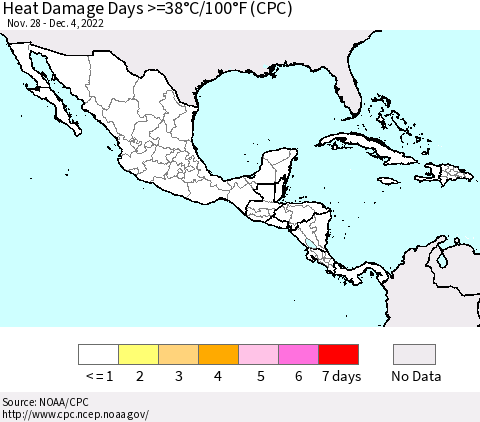 Mexico Central America and the Caribbean Heat Damage Days >=38°C/100°F (CPC) Thematic Map For 11/28/2022 - 12/4/2022