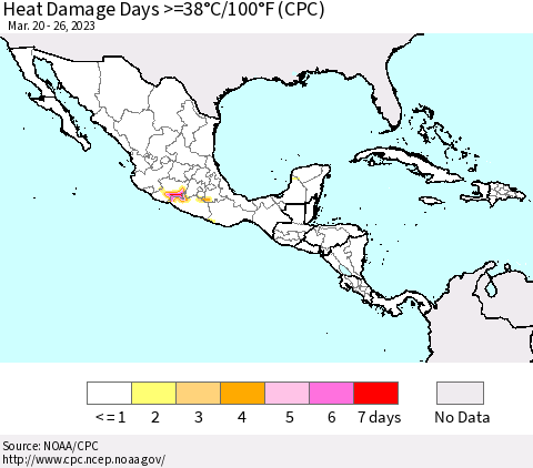 Mexico Central America and the Caribbean Heat Damage Days >=38°C/100°F (CPC) Thematic Map For 3/20/2023 - 3/26/2023
