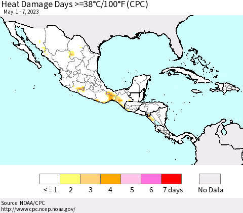 Mexico Central America and the Caribbean Heat Damage Days >=38°C/100°F (CPC) Thematic Map For 5/1/2023 - 5/7/2023