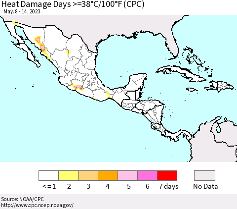 Mexico Central America and the Caribbean Heat Damage Days >=38°C/100°F (CPC) Thematic Map For 5/8/2023 - 5/14/2023
