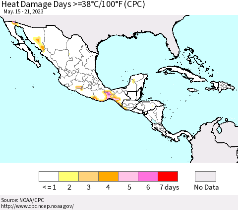 Mexico Central America and the Caribbean Heat Damage Days >=38°C/100°F (CPC) Thematic Map For 5/15/2023 - 5/21/2023