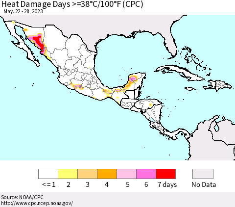 Mexico Central America and the Caribbean Heat Damage Days >=38°C/100°F (CPC) Thematic Map For 5/22/2023 - 5/28/2023